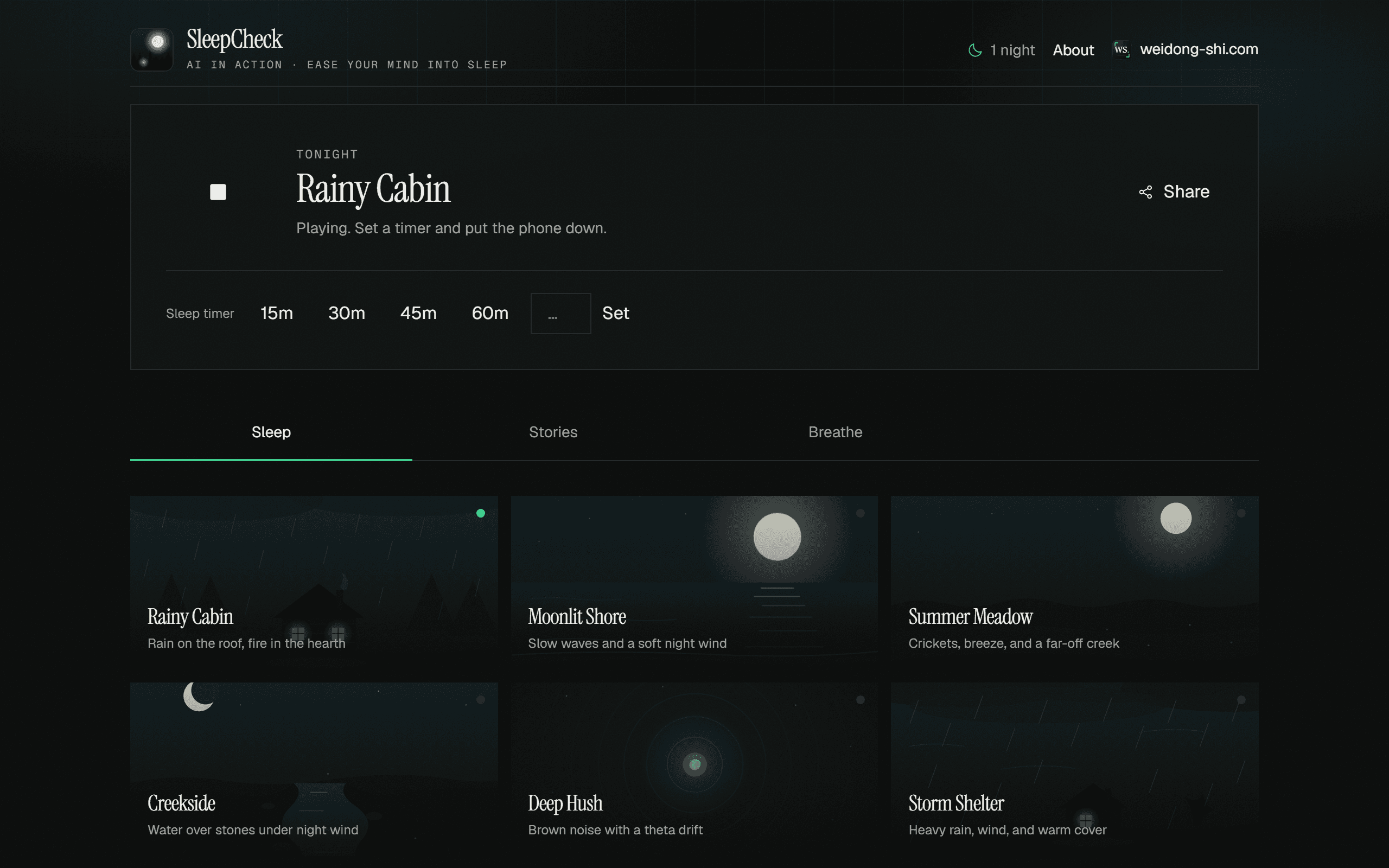 SleepCheck scene selection with ambient soundscape