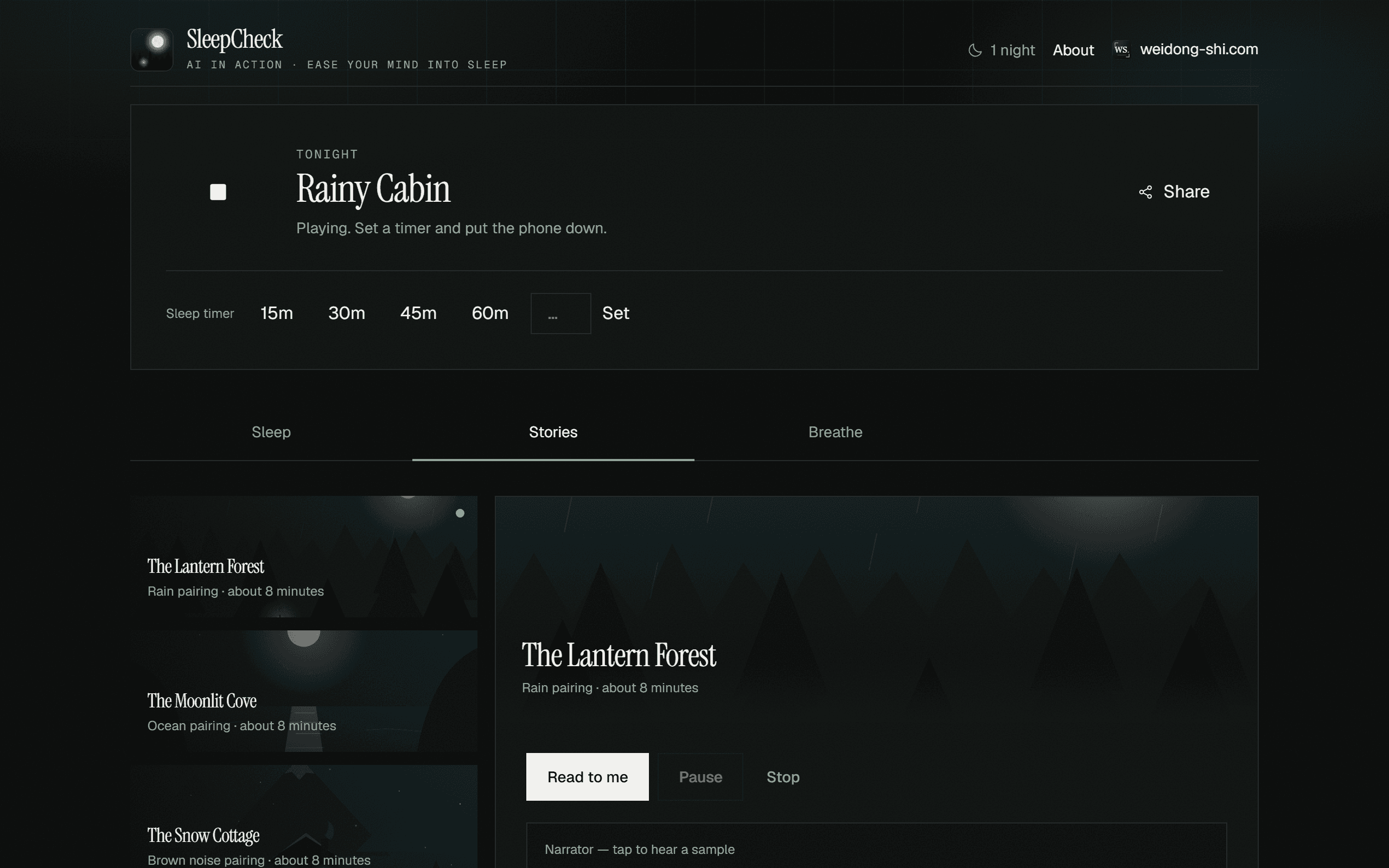 SleepCheck bedtime stories with narrator picker